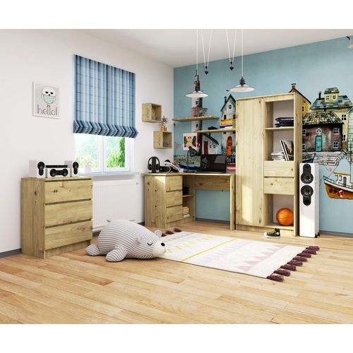 Bureau D'angle Gauche B16 Chêne Artisan 124 Cm 3 Tiroirs Façade Chêne Artisan 2 Étagères