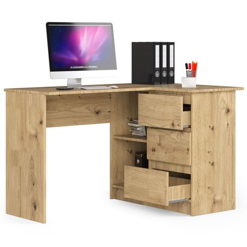 Bureau D'angle Droit B16 Chêne Artisan 124 Cm 3 Tiroirs Façade Artisan 2 Étagères 124x85x77
