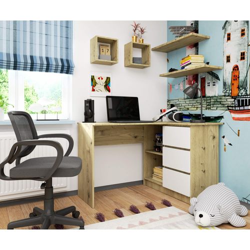 Bureau D'angle Droit B16 Chêne Artisan 124 Cm 3 Tiroirs Façade Blanche 2 Étagères 124x85x77 Cm