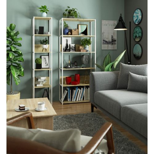 Étagère Industrielle Blanche 80 Cm Façade Chêne Artisan 6 Étagères 80x32x192 Cm