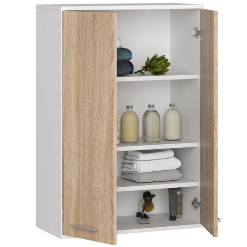 Armoire Salle De Bains Suspendue Fin Blanche 64 Cm 2 Portes Pleine Chêne Sonoma 64x30x94 Cm