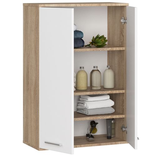 Armoire Salle De Bains Suspendue Fin Chêne Sonoma 64 Cm 2 Portes Pleine Blanche 64x30x94 Cm