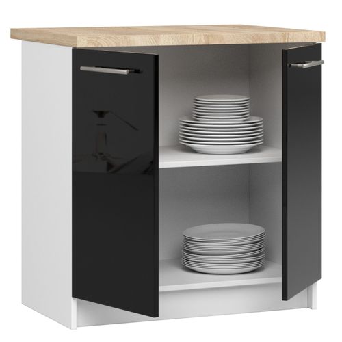 Meuble De Cuisine Bas S80 Oliwia Modulable Blanc 80 Cm 2 Portes Façade Noir Brillant 2 Étagères