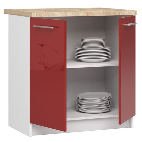 Meuble De Cuisine Bas S80 Oliwia Modulable Blanc 80 Cm 2 Portes Façade Rouge Brillante 2 Étagères