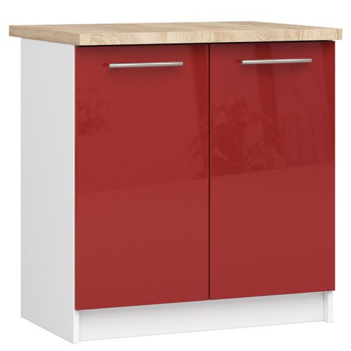 Meuble De Cuisine Bas S80 Oliwia Modulable Blanc 80 Cm 2 Portes Façade Rouge Brillante 2 Étagères