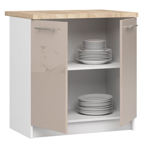 Meuble De Cuisine Bas S80 Oliwia Modulable Blanc 80cm 2 Portes Façade Cappuccino Brillant 2 Étagères