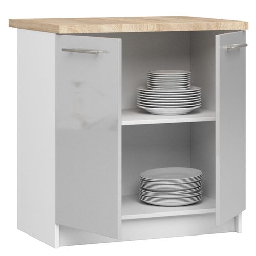 Meuble De Cuisine Bas S80 Oliwia Modulable Blanc 80cm 2 Portes Façade Métallique Brillant 2 Étagères