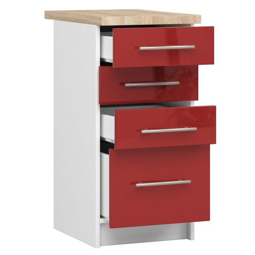 Meuble De Cuisine Bas S40 Oliwia Modulable Blanc 40 Cm 4 Tiroirs Façade Rouge Brillante 40x46x85 Cm