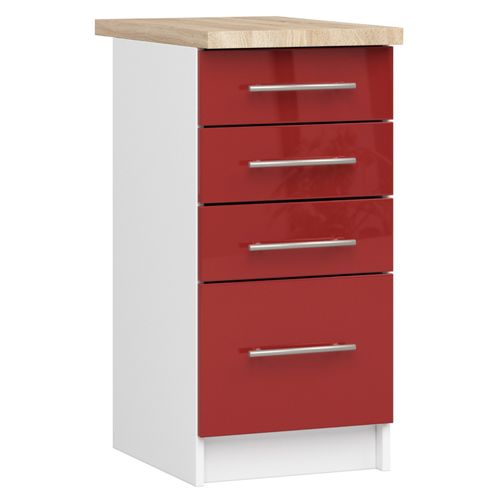 Meuble De Cuisine Bas S40 Oliwia Modulable Blanc 40 Cm 4 Tiroirs Façade Rouge Brillante 40x46x85 Cm