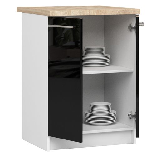 Meuble De Cuisine Bas S60 Oliwia Modulable Blanc 60 Cm 2 Portes Façade Noir Brillant 2 Étagères