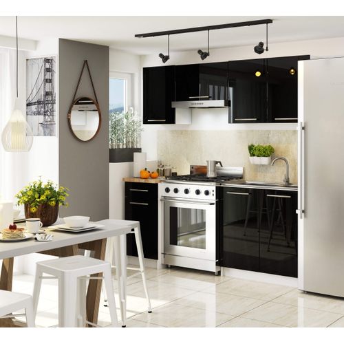 Meuble De Cuisine Bas S60 Oliwia Modulable Blanc 60 Cm 2 Portes Façade Noir Brillant 2 Étagères