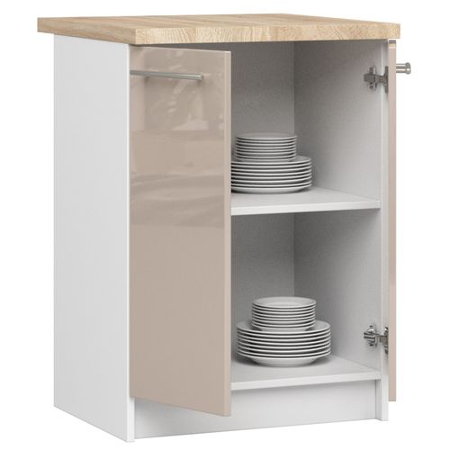 Meuble De Cuisine Bas S60 Oliwia Modulable Blanc 60cm 2 Portes Façade Cappuccino Brillant 2 Étagères