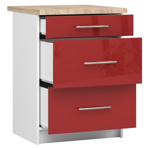 Meuble De Cuisine Bas S60 Oliwia Modulable Blanc 60 Cm 3 Tiroirs Façade Rouge Brillante 60x46x85 Cm