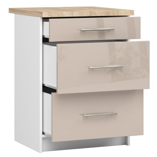 Meuble De Cuisine Bas S60 Oliwia Modulable Blanc 60 Cm 3 Tiroirs Façade Cappuccino Brillant 60x46x85