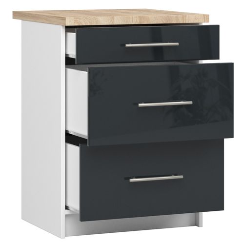 Meuble De Cuisine Bas S60 Oliwia Modulable Blanc 60 Cm 3 Tiroirs Façade Graphite Brillant 60x46x85