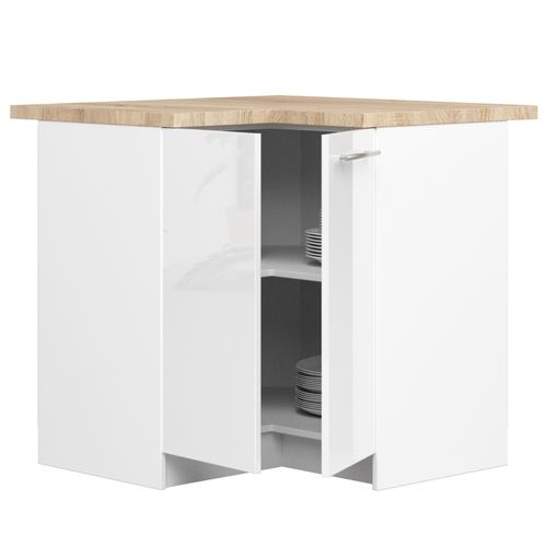 Meuble De Cuisine Bas S90 D'angle Oliwia Blanc 90 Cm 2 Portes Façade Blanche Brillante 2 Étagères