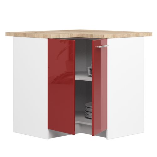 Meuble De Cuisine Bas S90 D'angle Oliwia Blanc 90 Cm 2 Portes Façade Rouge Brillante 2 Étagères