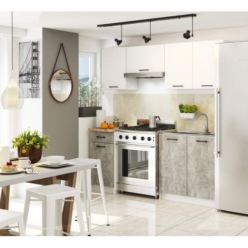 Ensemble De Cuisine Oliwia Blanc 180 Cm 7 Portes 1 Tiroir Façade Béton 8 Étagères 180x46x203 Cm