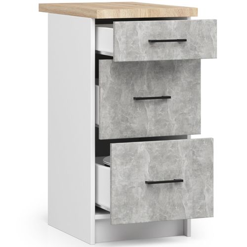 Armoires De Cuisine Basse S40 Oliwia Blanc 40 Cm 3 Tiroirs Façade Béton 40x46x85 Cm