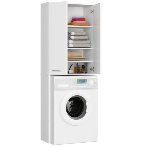Meuble Pour Machine à Laver Blanche 64 Cm 2 Portes Façade Blanche 4 Étagères 64x30x180 Cm
