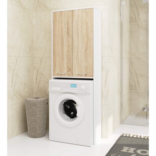Meuble Pour Machine à Laver Blanche 64 Cm 2 Portes Façade Chêne Sonoma 4 Étagères 64x30x180 Cm