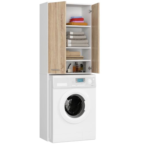 Meuble Pour Machine à Laver Blanche 64 Cm 2 Portes Façade Chêne Sonoma 4 Étagères 64x30x180 Cm