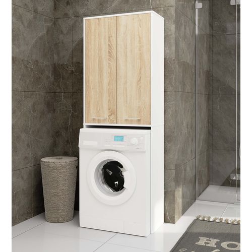 Meuble Pour Machine à Laver Blanche 64 Cm 2 Portes Façade Chêne Sonoma 4 Étagères 64x30x180 Cm