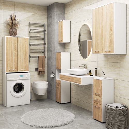 Meuble Pour Machine à Laver Blanche 64 Cm 2 Portes Façade Chêne Sonoma 4 Étagères 64x30x180 Cm