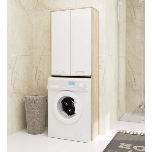Meuble Pour Machine à Laver Fin Chêne Sonoma 64 Cm 2 Portes Façade Blanche 4 Étagères 64x30x180 Cm