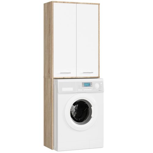 Meuble Pour Machine à Laver Fin Chêne Sonoma 64 Cm 2 Portes Façade Blanche 4 Étagères 64x30x180 Cm