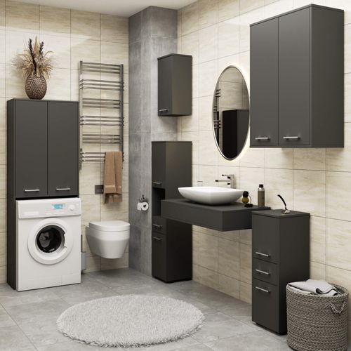 Meuble Pour Machine à Laver Fin Gris Graphite 2 Portes Façade Gris Graphite 4 Étagères 64x30x180