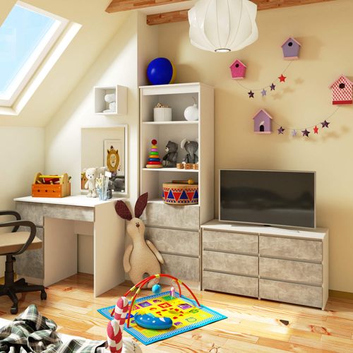 Petite Commode Cl100 Blanche 100 Cm 6 Tiroirs Façade Béton 100x35x57 Cm