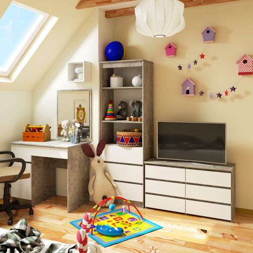 Petite Commode Cl100 Béton 100 Cm 6 Tiroirs Façade Blanche 100x35x57 Cm