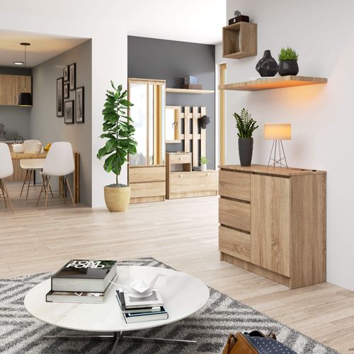 Commode Jerry Chêne Sonoma 80 Cm 1 Porte 3 Tiroirs Façade Chêne Sonoma 2 Étagères 80x35x77 Cm