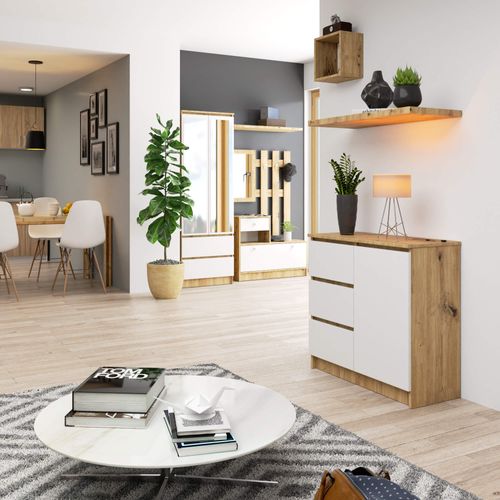 Commode Jerry Chêne Artisan 80 Cm 1 Porte 3 Tiroirs Façade Blanche 2 Étagères 80x35x77 Cm