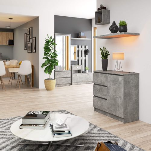 Commode Jerry Béton 80 Cm 1 Porte 3 Tiroirs Façade Béton 2 Étagères 80x35x77 Cm