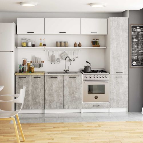 Colonne De Cuisine Oliwia Blanche 40 Cm 2 Portes Façade Béton 6 Étagères 40x57x205 Cm