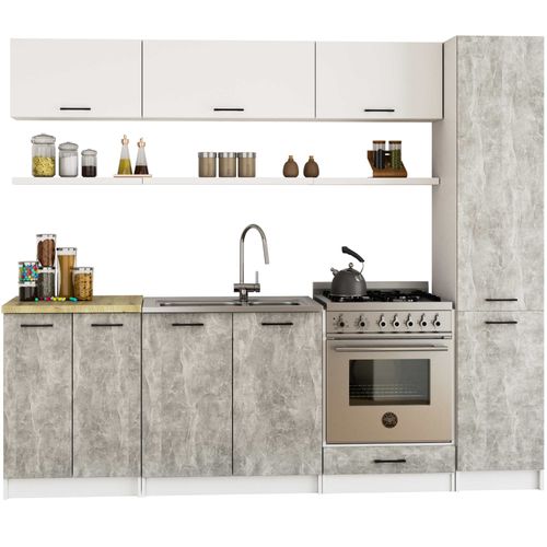 Colonne De Cuisine Oliwia Blanche 40 Cm 2 Portes Façade Béton 6 Étagères 40x57x205 Cm