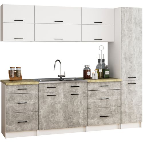 Colonne De Cuisine Oliwia Blanche 40 Cm 2 Portes Façade Béton 6 Étagères 40x57x205 Cm