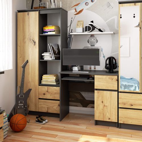 Bureau D'ordinateur Akord Droit Piksel Gris Graphite, Chêne Artisan 90 Cm 90x50x77 Cm