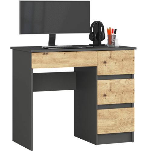 Bureau D'ordinateur Droit A7 Gris Graphite 90 Cm 4 Tiroirs Façade Chêne Artisan 90x50x77 Cm