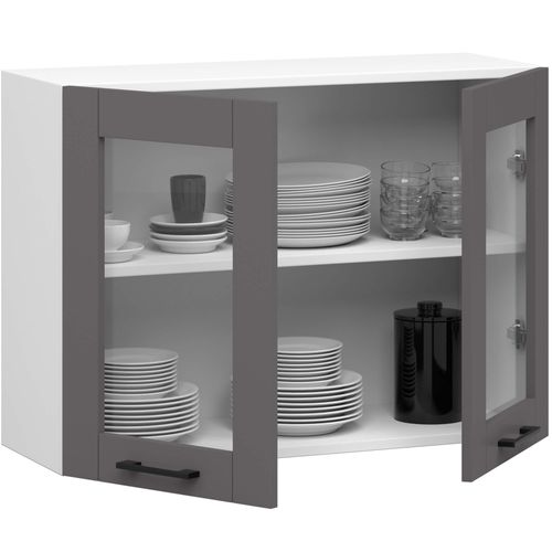 Vitrine De Cuisine Oliwia W80 Blanche 2 Portes Façade Gris Graphite 2 Étagères 80x30,5x58 Cm