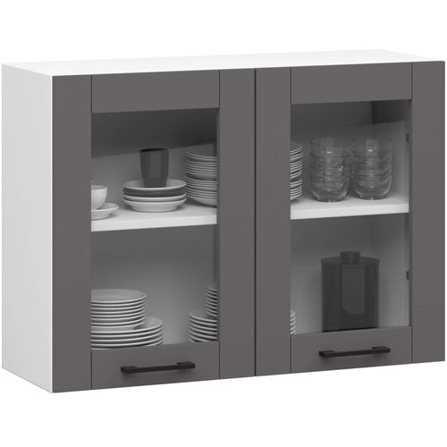 Vitrine De Cuisine Oliwia W80 Blanche 2 Portes Façade Gris Graphite 2 Étagères 80x30,5x58 Cm