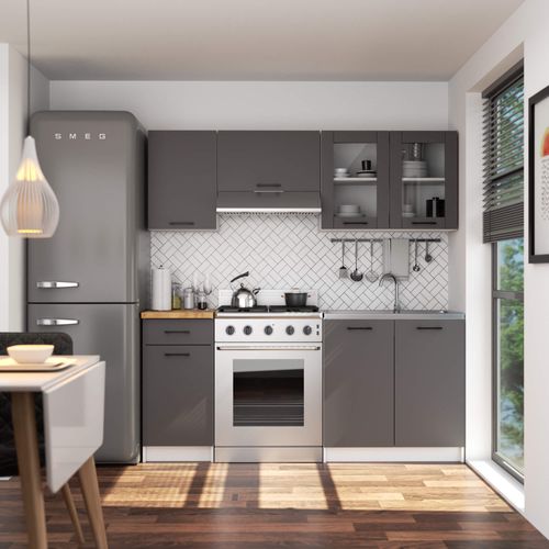 Vitrine De Cuisine Oliwia W80 Blanche 2 Portes Façade Gris Graphite 2 Étagères 80x30,5x58 Cm