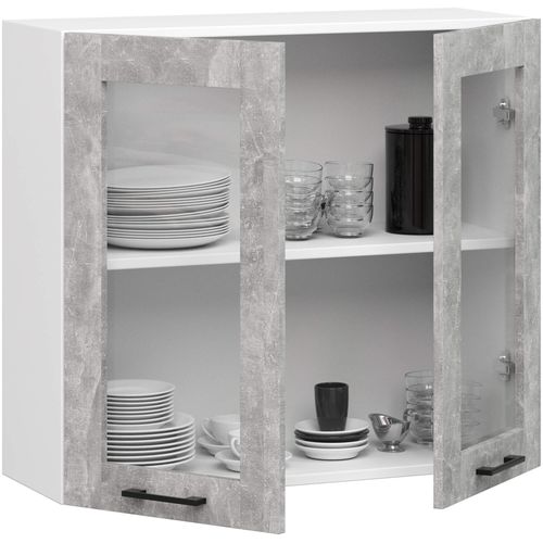 Vitrine De Cuisine Oliwia W80 H720 Blanche 80 Cm 2 Portes Façade Béton 2 Étagères 80x30,5x72 Cm