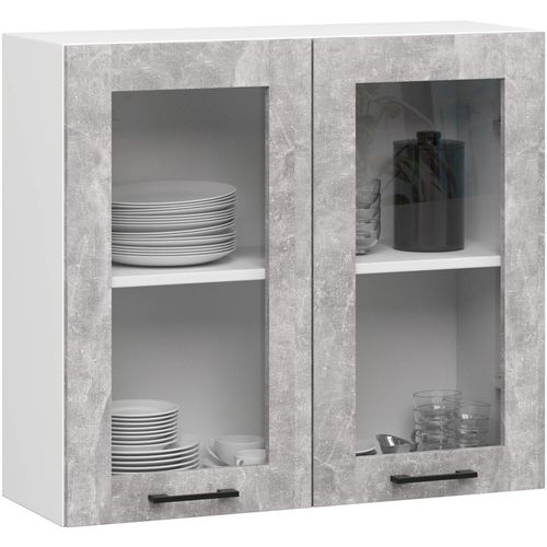 Vitrine De Cuisine Oliwia W80 H720 Blanche 80 Cm 2 Portes Façade Béton 2 Étagères 80x30,5x72 Cm