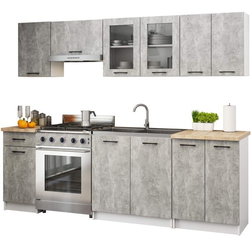 Ensemble De Cuisine Vitré Akord Oliwia 2.4m Béton 240 Cm 11 Portes 1 Tiroir 240x46x203 Cm