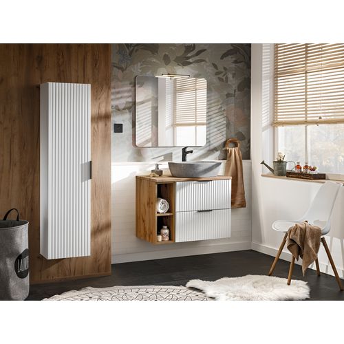 Ensemble De Meubles De Salle De Bain 80 Cm Avec Plan, Vasque à Poser Anna, Colonne, Miroir