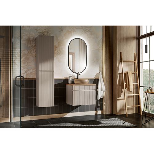 Ensemble Meuble 60 Cm Avec Plan, Vasque Wiki, Colonne Haute Et Miroir LED