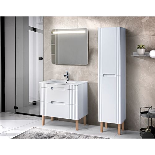 Ensemble Meuble 80 Cm Avec Lavabo, Colonne Haute Et Miroir